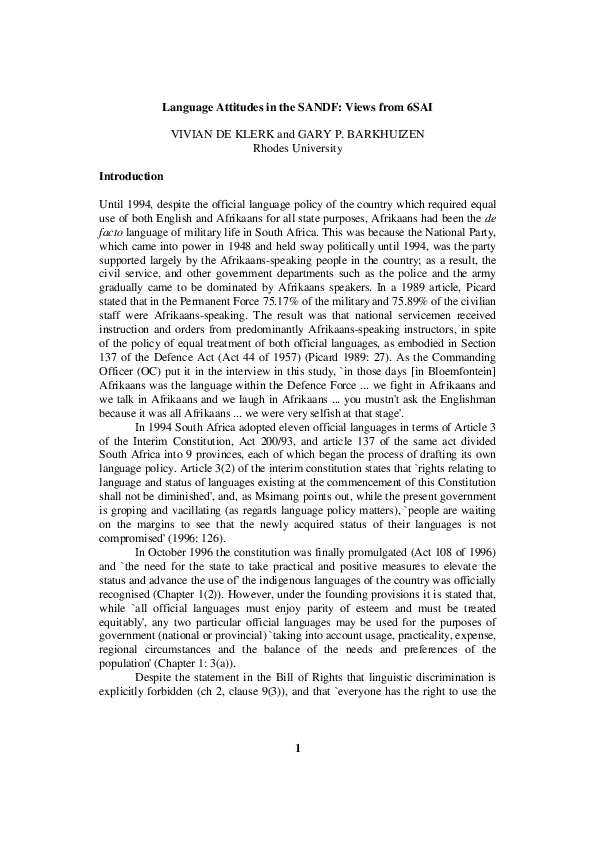 Pdf Language Attitudes In The South African National Defence Force Views From The Sixth South African Infantry Vivian Klerk Academia Edu
