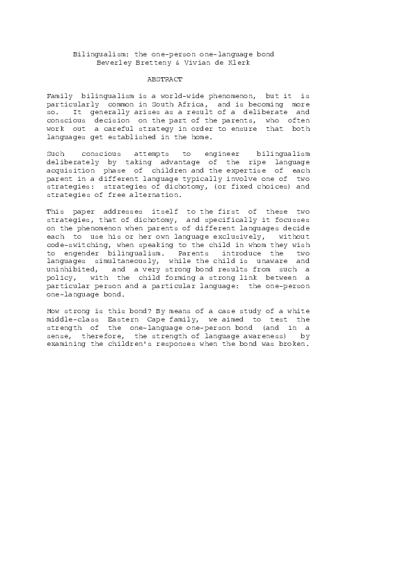 (PDF) Bilingualism: the one-person one-language bond