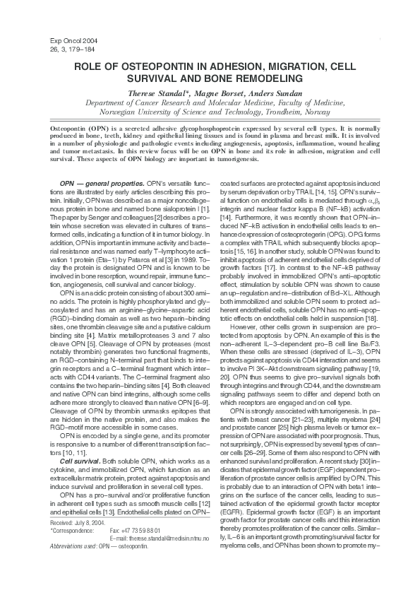 (PDF) Role of osteopontin in adhesion, migration, cell survival and ...