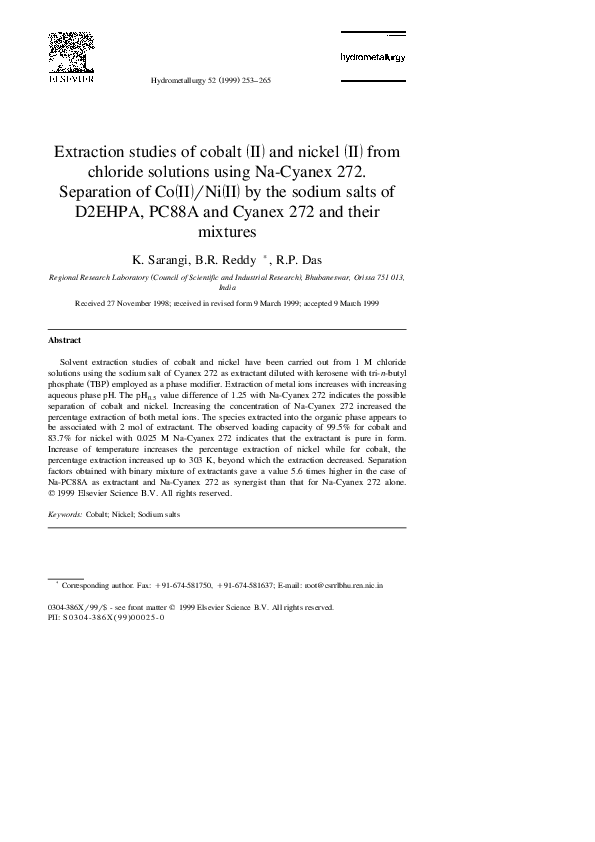 (PDF) Extraction studies of cobalt (II) and nickel (II) from chloride ...