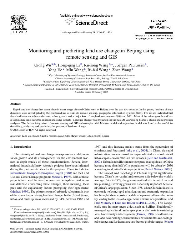(PDF) Monitoring and predicting land use change in Beijing using remote ...