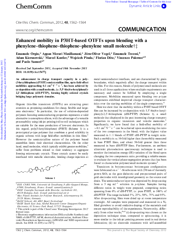 (PDF) Enhanced mobility in P3HT-based OTFTs upon blending with a ...