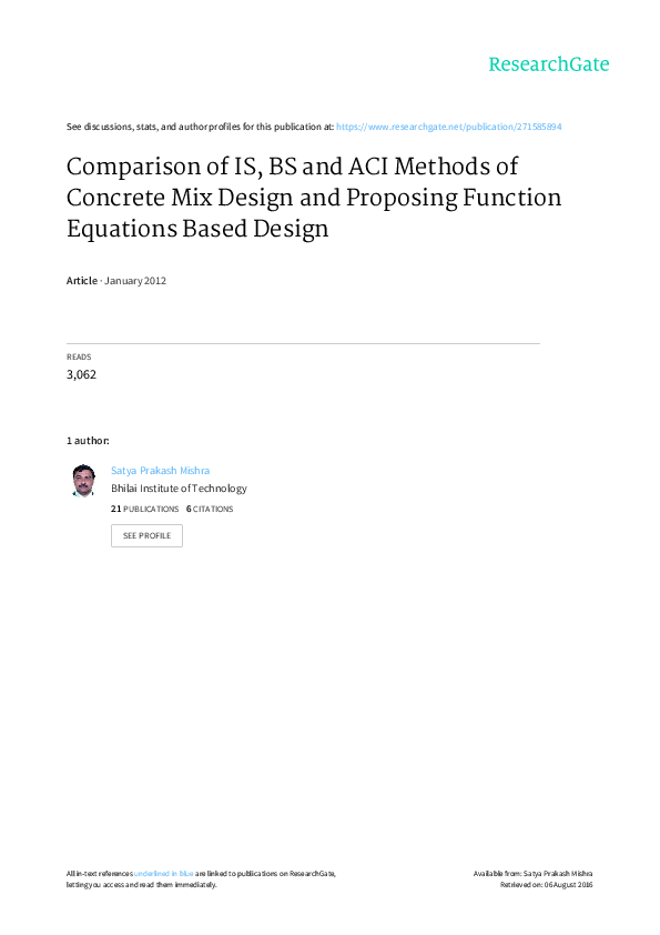 (PDF) Comparison of IS, BS and ACI Methods of Concrete Mix Design and