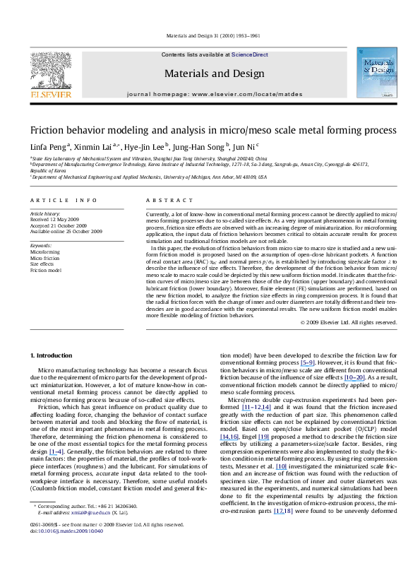 (PDF) Friction behavior modeling and analysis in micro/meso scale metal ...