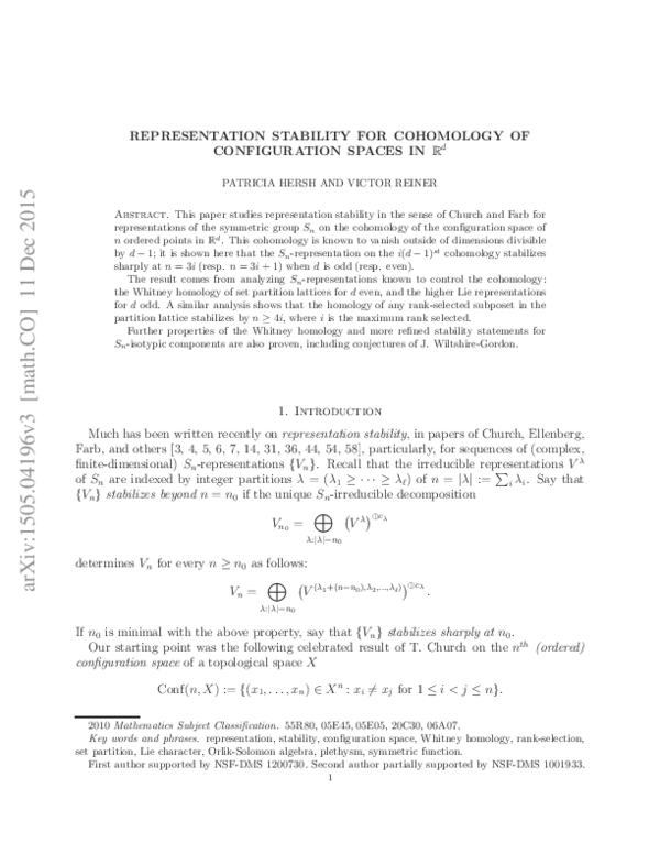 (PDF) Representation Stability for Cohomology of Configuration Spaces ...