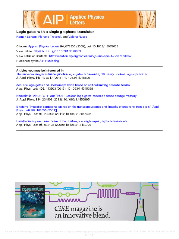  PDF Logic Gates With A Single Graphene Transistor Daniel Marchesi