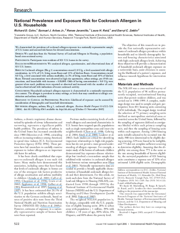 (PDF) National Prevalence and Exposure Risk for Cockroach Allergen in U ...