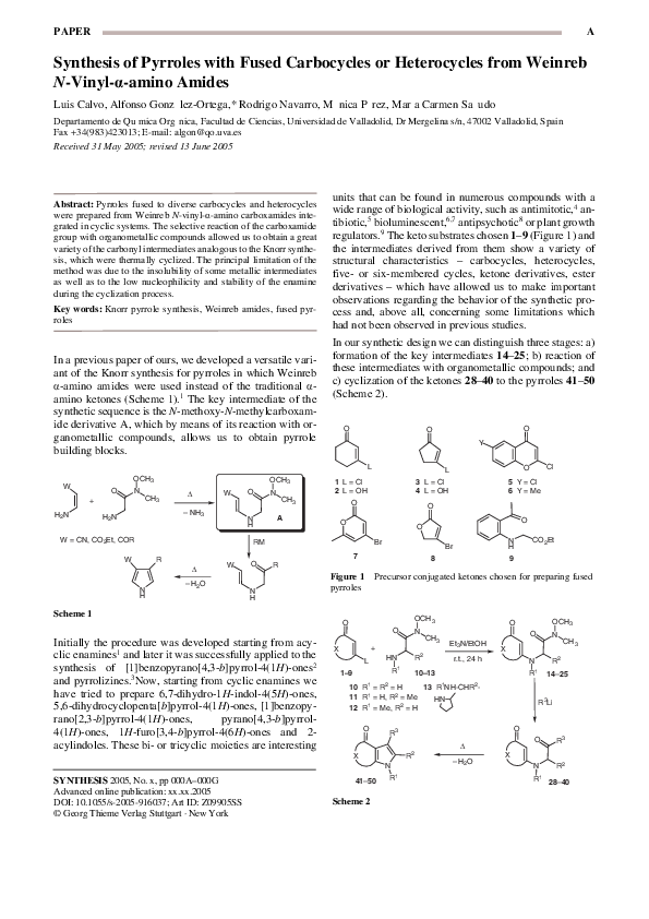 (PDF) Synthesis of Pyrroles with Fused Carbocycles or Heterocycles from ...