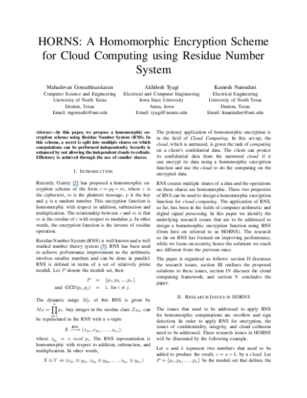 (PDF) HORNS: A homomorphic encryption scheme for Cloud Computing using ...