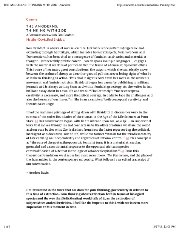 (PDF) Thinking with Zoe: A Feature Interview with Rosi Braidotti