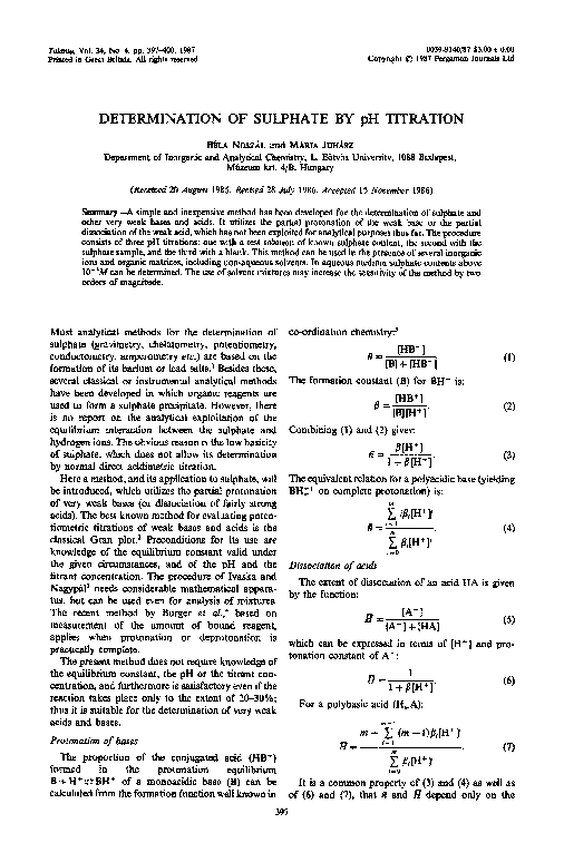 (PDF) Determination of sulphate by pH titration Béla Noszál