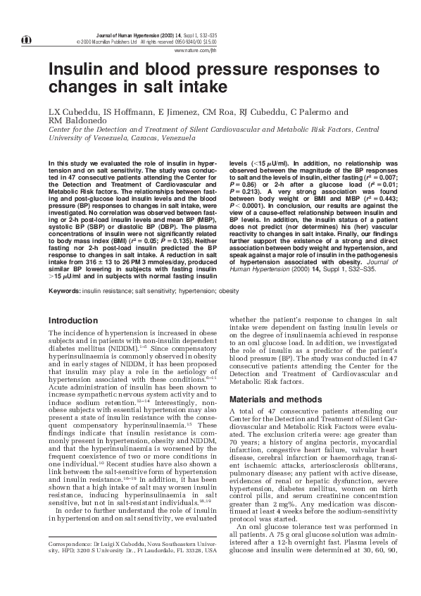 (PDF) Insulin and blood pressure responses to changes in salt intake