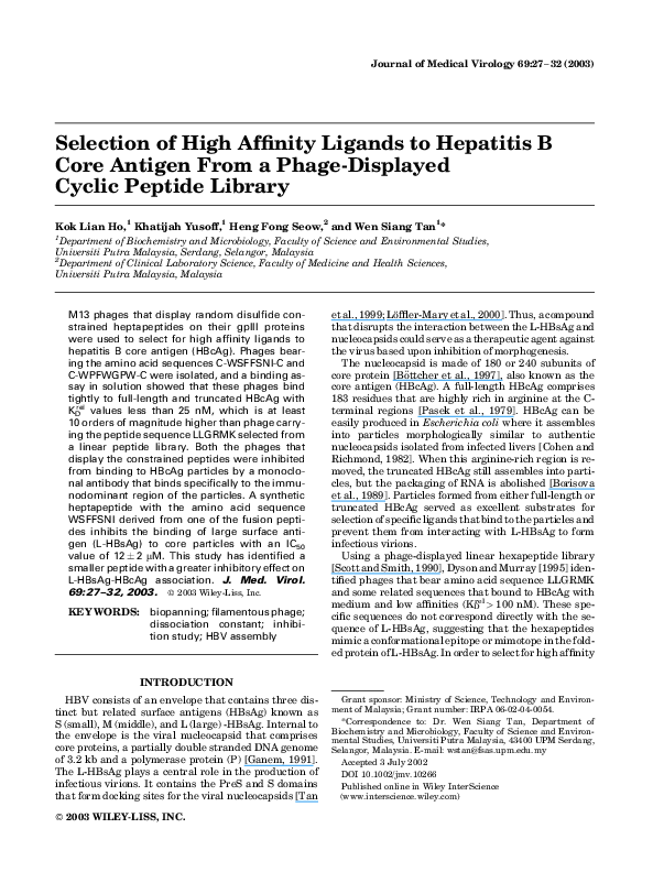 (PDF) Selection of high affinity ligands to hepatitis B core antigen ...
