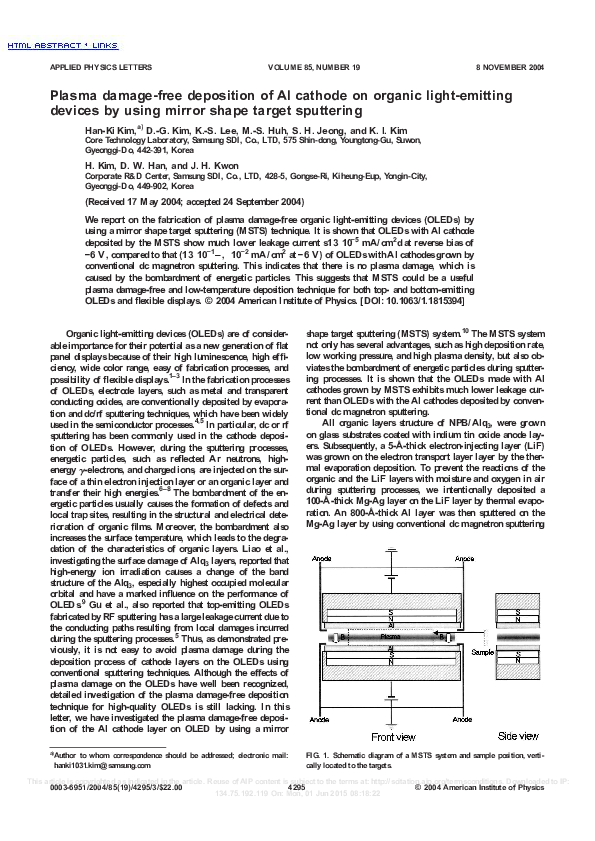 (PDF) Plasma damage-free deposition of Al cathode on organic light ...