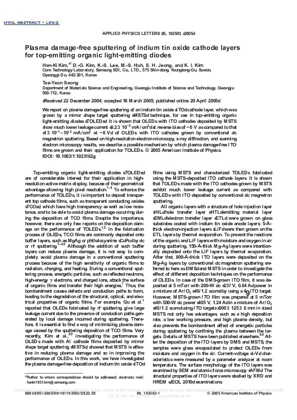 (PDF) Plasma damage-free sputtering of indium tin oxide cathode layers ...