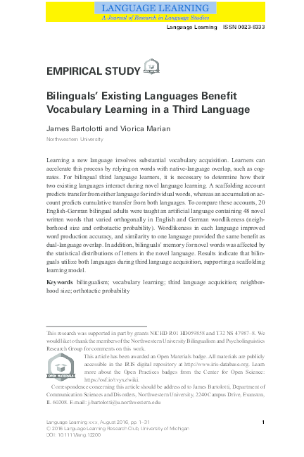 (PDF) Bilinguals' Existing Languages Benefit Vocabulary Learning in a ...