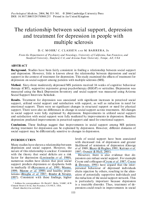 (PDF) The relationship between social support, depression and treatment ...