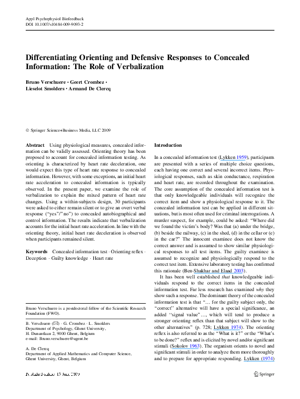 (PDF) Differentiating Orienting and Defensive Responses to Concealed ...