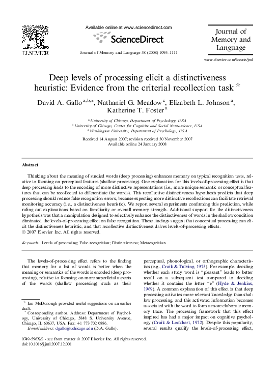 (PDF) Deep levels of processing elicit a distinctiveness heuristic ...