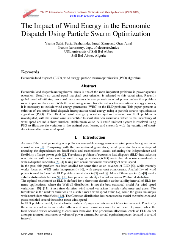 (PDF) The Impact of Wind Energy in the Economic Dispatch Using Particle ...