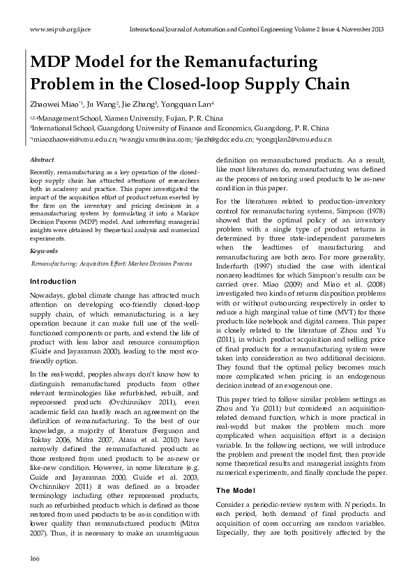 (PDF) MDP Model for the Remanufacturing Problem in the Closedloop Supply Chain Co. SEP
