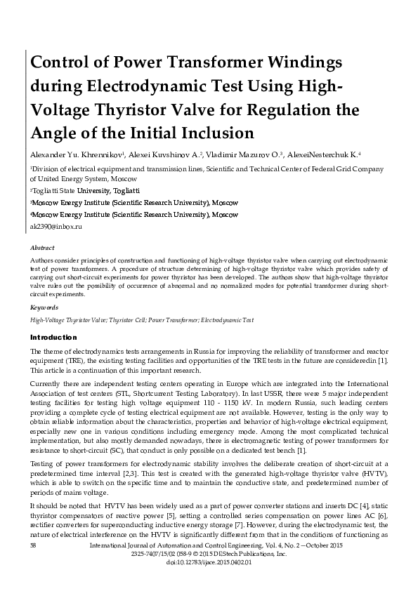 (PDF) Control of Power Transformer Windings during Electrodynamic Test Using High Voltage