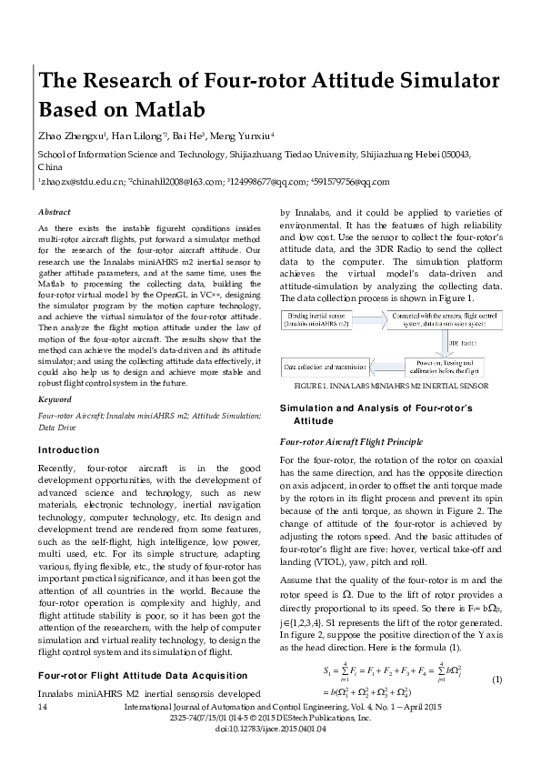 (PDF) The Research of Four-rotor Attitude Simulator Based on Matlab