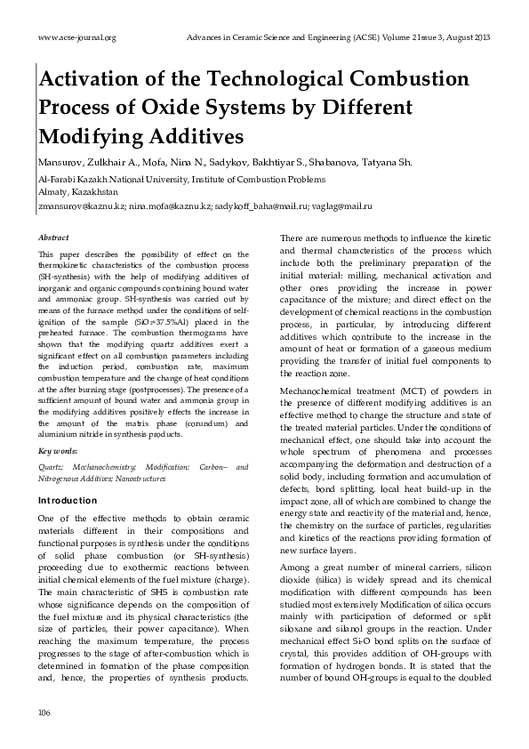 (PDF) Activation of the Technological Combustion Process of Oxide ...