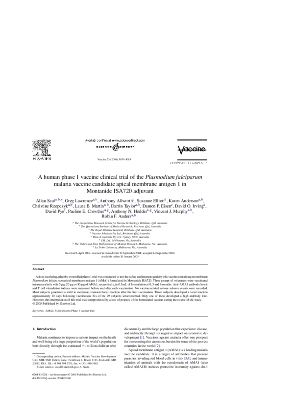 (PDF) A human phase 1 vaccine clinical trial of the Plasmodium ...