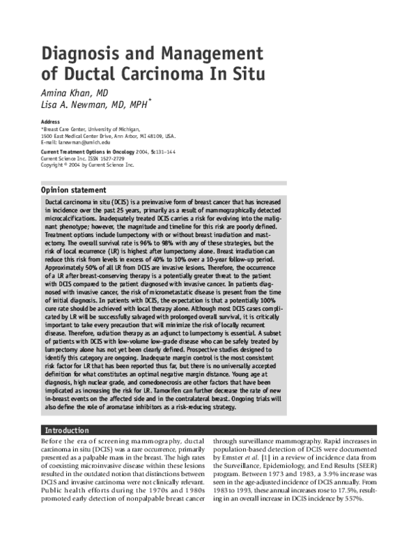 (PDF) Diagnosis and management of ductal carcinoma in situ