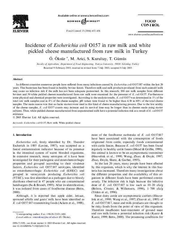 (PDF) Incidence of Escherichia coli O157 in raw milk and white pickled ...