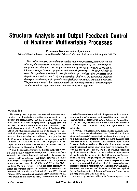 (PDF) Structural analysis and output feedback control of nonlinear ...