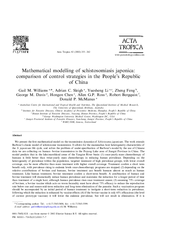 (PDF) Mathematical modelling of schistosomiasis japonica: comparison of ...