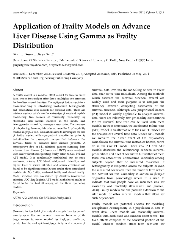 Pdf Application Of Frailty Models On Advance Liver Disease Using