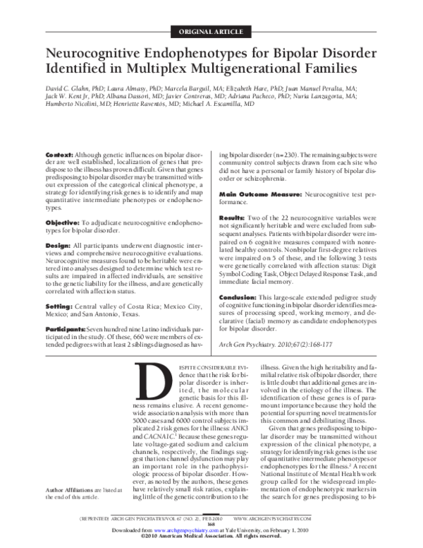 (PDF) Neurocognitive Endophenotypes for Bipolar Disorder Identified in ...