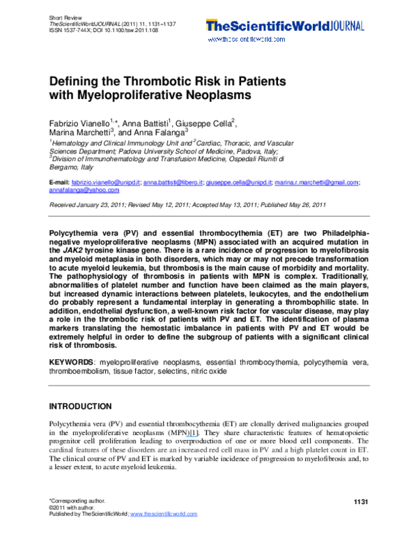 (PDF) Defining the Thrombotic Risk in Patients with Myeloproliferative ...