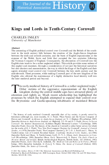 Kings and Lords in Tenth-Century Cornwall