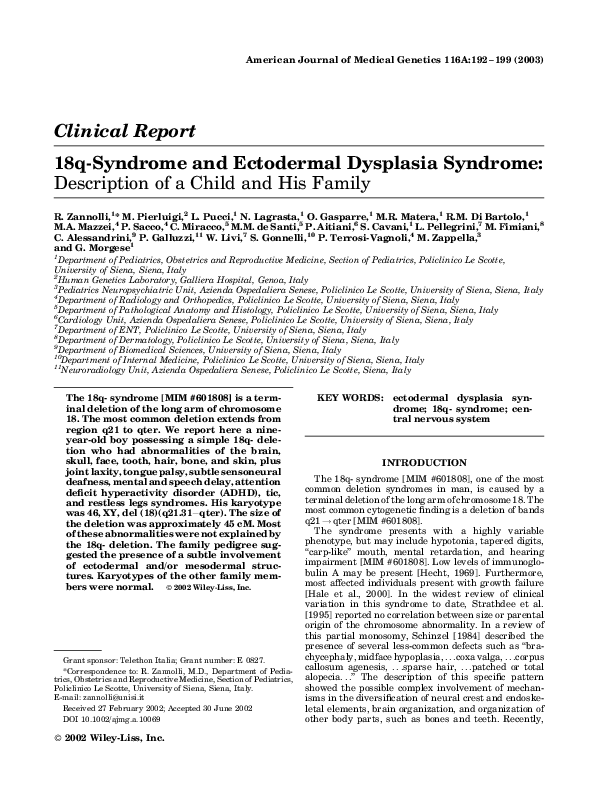 (PDF) 18q- syndrome and ectodermal dysplasia syndrome: Description of a ...