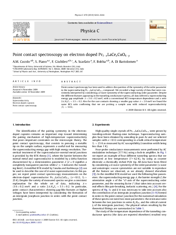 (PDF) Point contact spectroscopy on electron doped Pr 1 - x LaCe x CuO ...