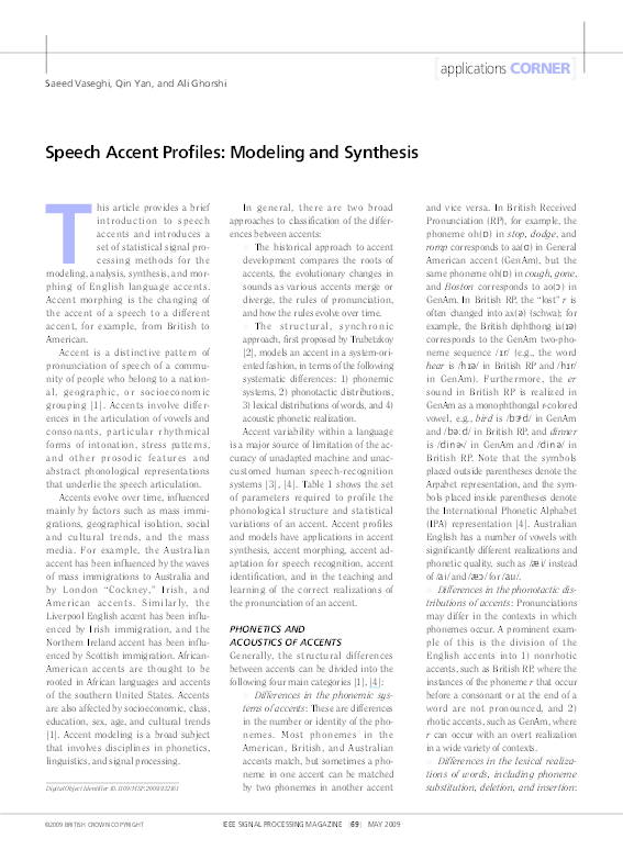 (PDF) Speech Accent Profiles: Modeling and Synthesis [Applications Corner]