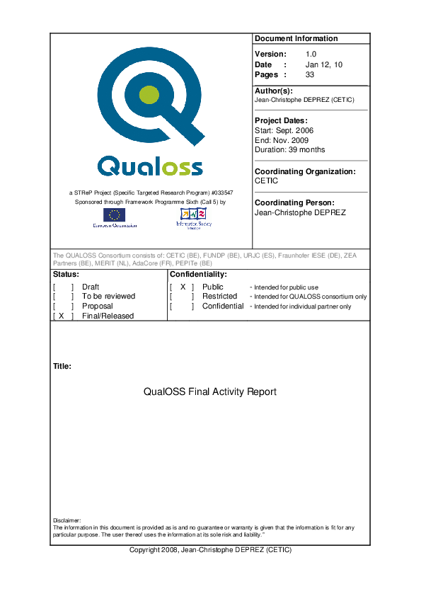 (PDF) Quality of Open Source Software (QualOSS) Final activity report