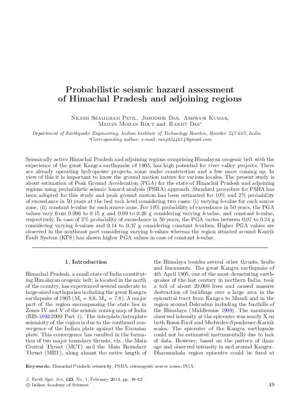 (PDF) Probabilistic seismic hazard assessment of Himachal Pradesh and ...