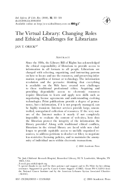 (PDF) The virtual library: changing roles and ethical challenges for ...