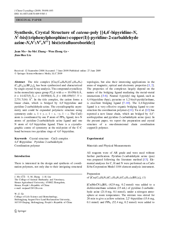 PDF) Synthesis, Crystal Structure of catena- poly [[4,4