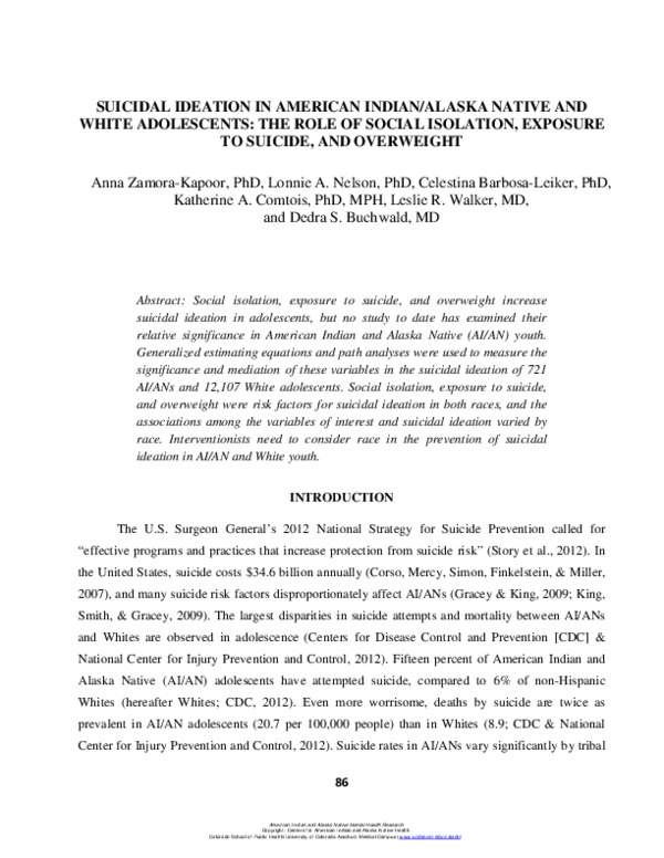 (PDF) Suicidal ideation in American Indian/Alaska Native and White ...