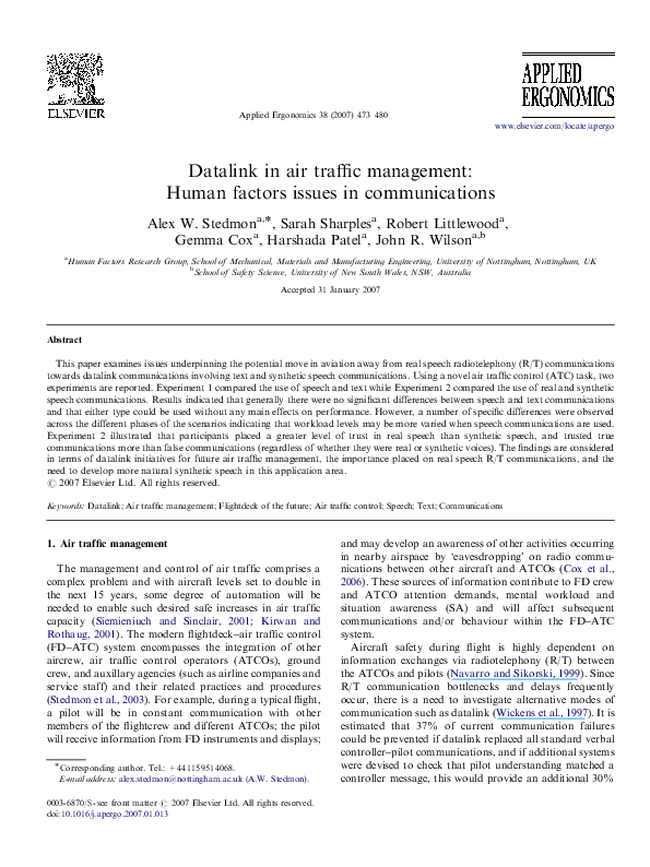 (PDF) Datalink in air traffic management: Human factors issues in ...