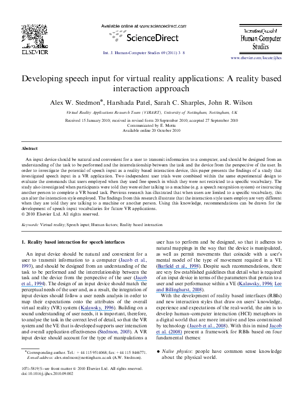 (PDF) Developing speech input for virtual reality applications A