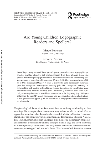 (PDF) Are Young Children Logographic Readers and Spellers