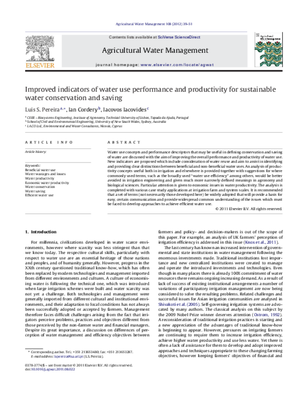 (PDF) Improved indicators of water use performance and productivity for ...