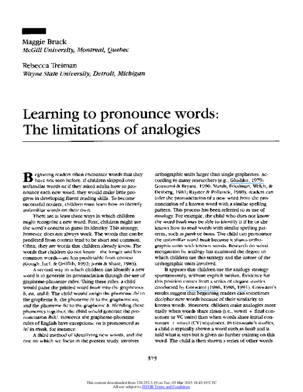 (PDF) Learning to pronounce words The limitations of analogies